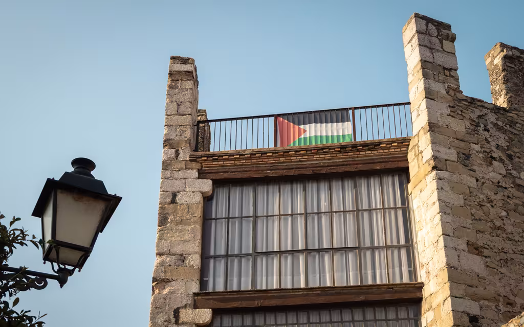 Flag of Palestine in the Montblanc wall, Catalonia.